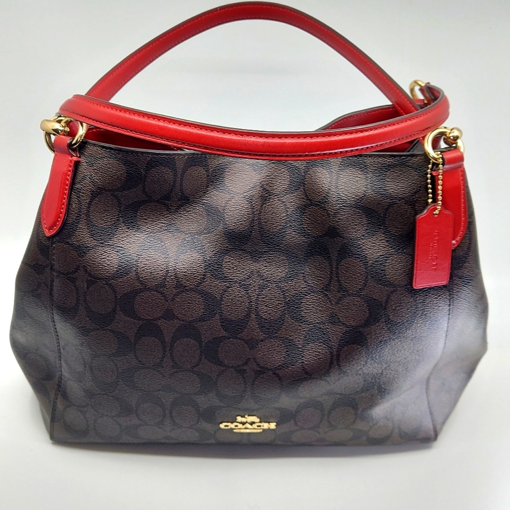 Coach Brown Signature Canvas Shoulder Bag with Red Trim - Picture 5 of 11